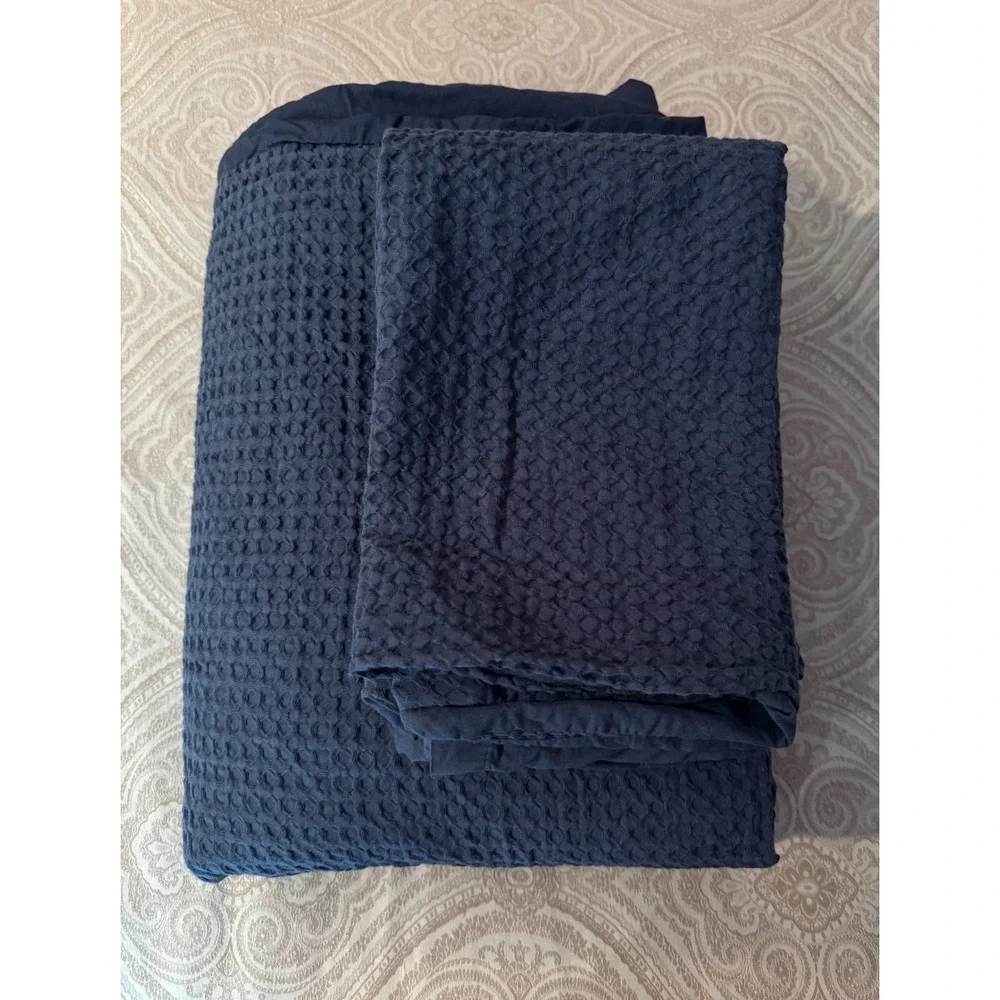 Quince Luxe Honeycomb Duvet Cover Set Queen Indigo Blue 100% Organic Cotton